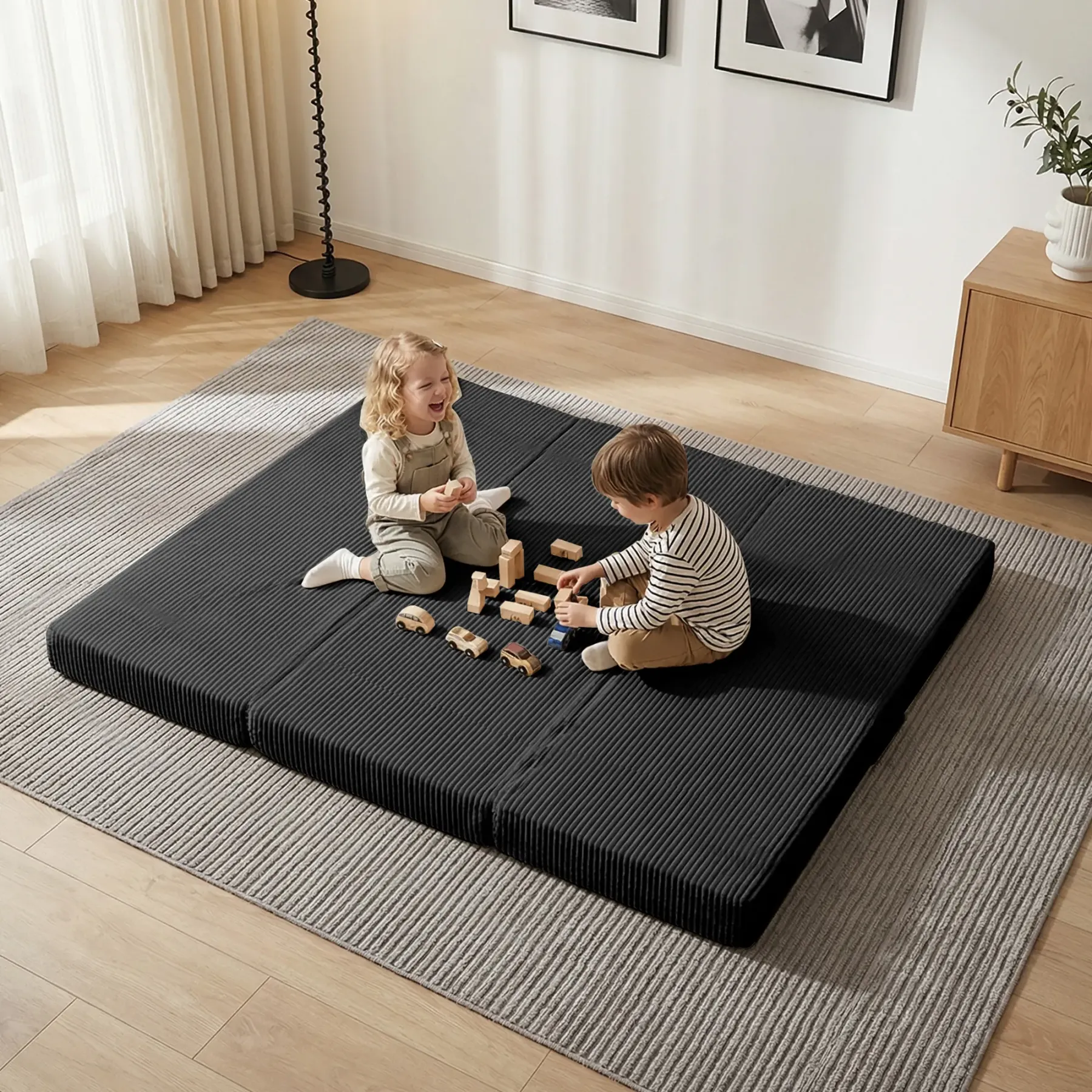 Sofá cama plegable convertible 5 en 1 (tamaño Queen) con colchón de tres pliegues y reposabrazos; sofá futón de suelo sin estructura para sala de estar, dormitorio o apartamento.
