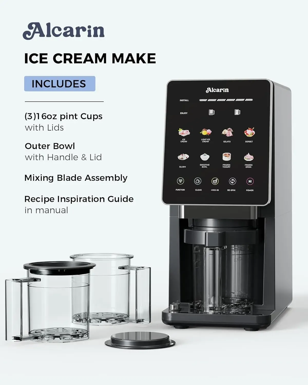 Máquina eléctrica para hacer helados de 10 funciones: 8 programas + funciones de añadir ingredientes y rebatido; para helado casero, gelato, yogur helado y más; opciones ricas en proteínas, keto, veganas y sin lácteos.