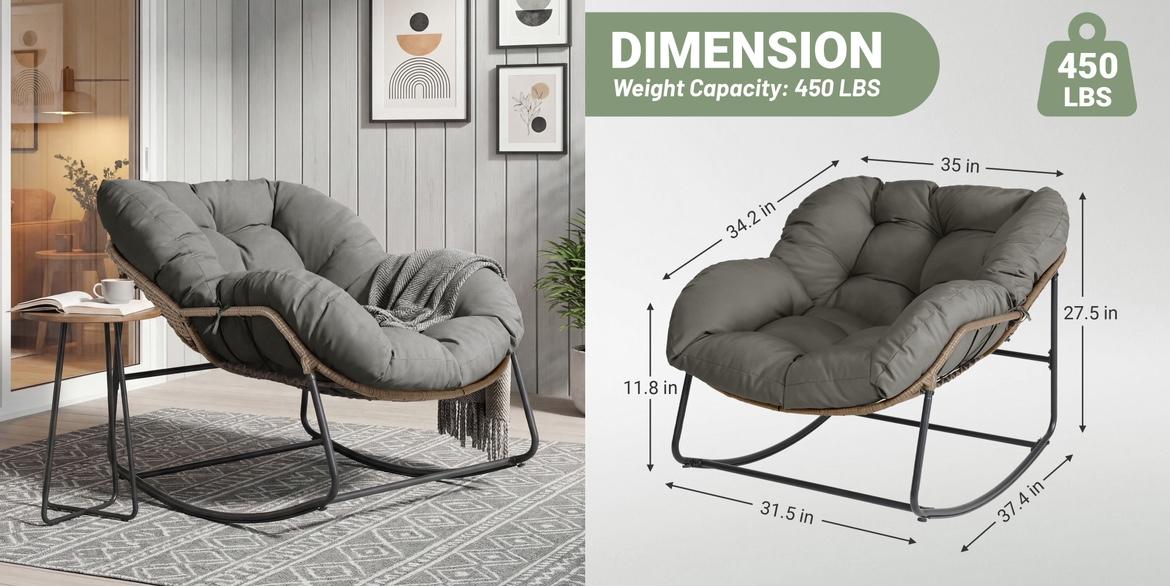RIWENGO Oversized Outdoor Rocking Chair with Thick Cushion,Maximum 450lbs Capacity, Indoor Egg Rocking Chair with Adjustable Backrest for Backyard, Balcony, Living Room