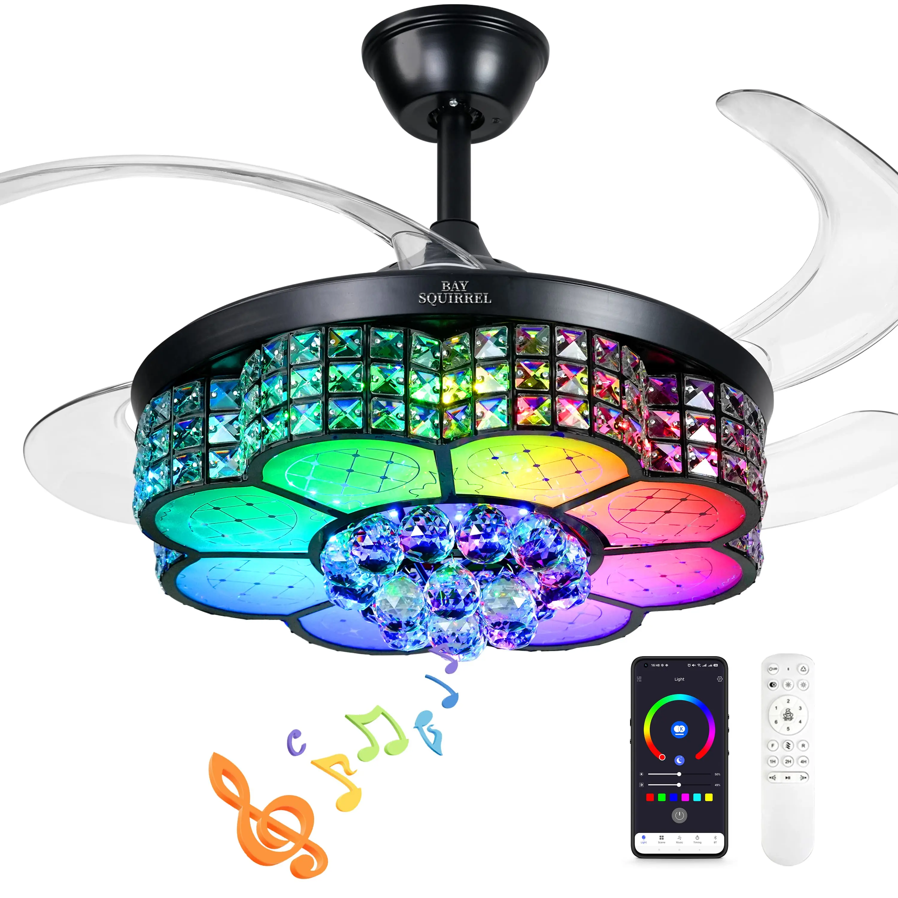 Ventilador de Techo Retráctil de Cristal con Altavoz, Control Remoto y APP, Motor Reversible de 6 Velocidades, Luz RGB Multicolor Ajustable, Luces LED Regulables, Iluminación Colorida, Luz Nocturna con Cambio de Color, Decoración para Habitación y Regalo