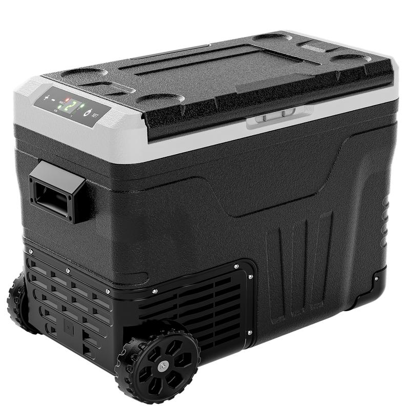 Este refrigerador de 12 V (53 cuartos / 50 L) admite alimentación de 12 V/24 V CC y 110-240 V CA. Portátil y con un rango de temperatura de -4 °F a 68 °F, cuenta con ruedas, dos cestas y una amplia zona de refrigeración. Ideal para vehículos recreativos (