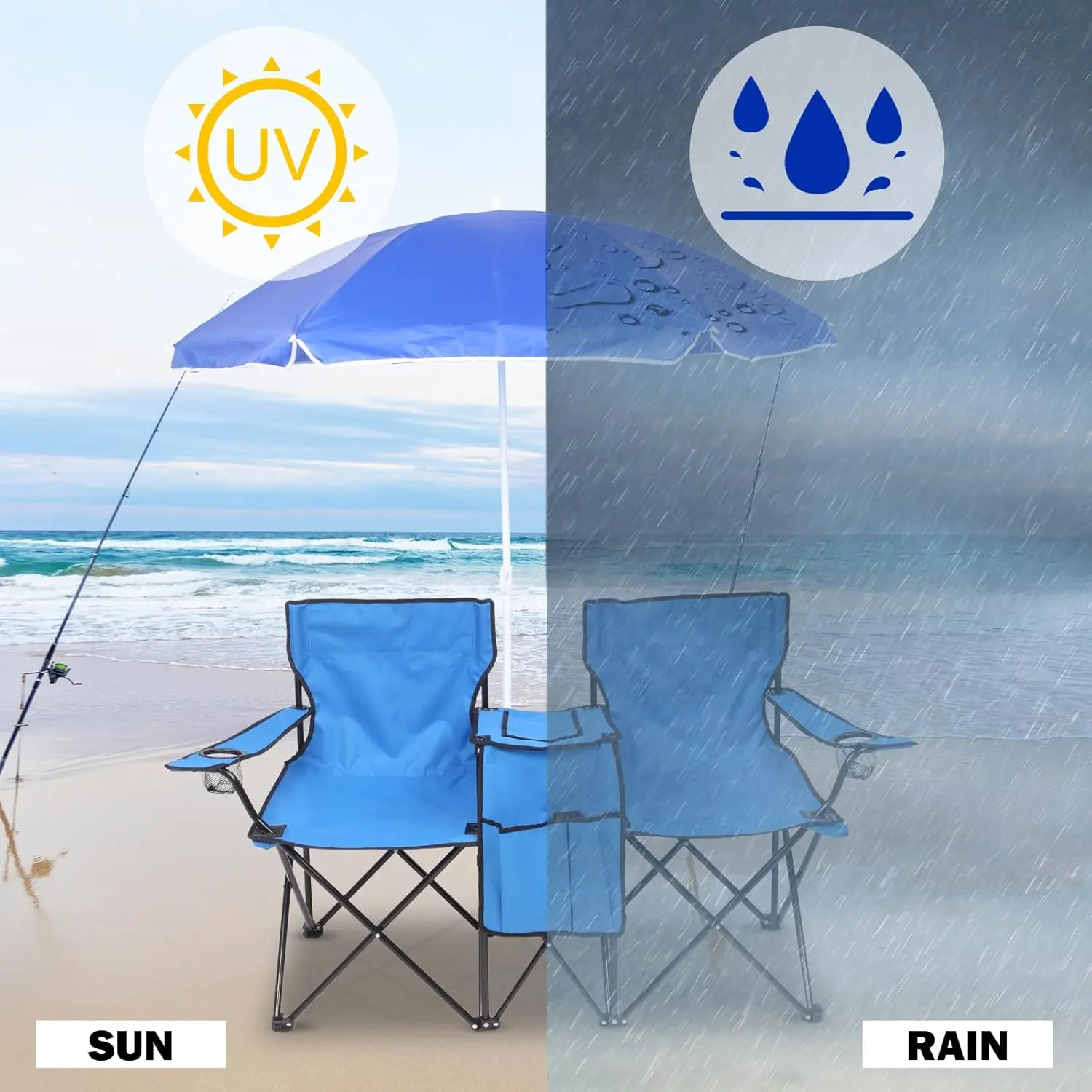 Silla Doble Plegable para Camping con Sombrilla, Portavasos, Nevera y Mesa Auxiliar, Resistente y Portátil para Playa, Patio, Piscina y Exterior (Azul)