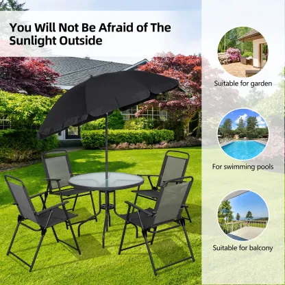Juego de comedor para patio de 6 piezas para 4 personas con sombrilla, mesa y sillas de exterior (incluye 4 sillas plegables y mesa redonda de vidrio) para jardín, patio trasero y zona de piscina.
