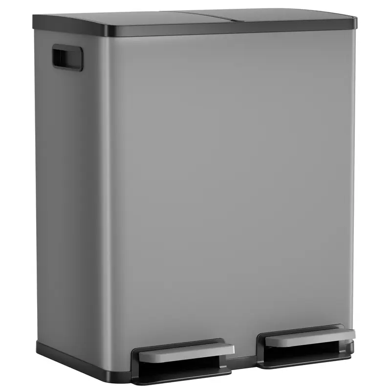 Bote de Basura de Cocina de 16 Galones de Acero Inoxidable, Doble Compartimento, Tapa con Pedal, Antihuellas e Impermeable, para Hogar y Oficina