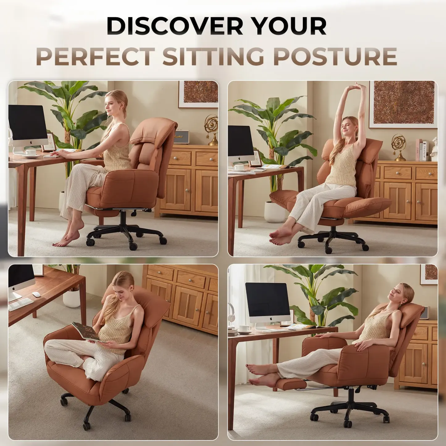 Silla de Oficina Ergonómica con Reposabrazos Abatibles, Asiento con Resortes Ensacados, Reclinable con Reposapiés y Base Metálica, Ideal para Oficina y Gaming