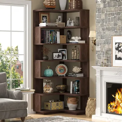 Estantería esquinera de madera, librería independiente en forma de L con panel divisorio, mueble expositor robusto con estantes para oficina en casa, sala de estar y dormitorio.
