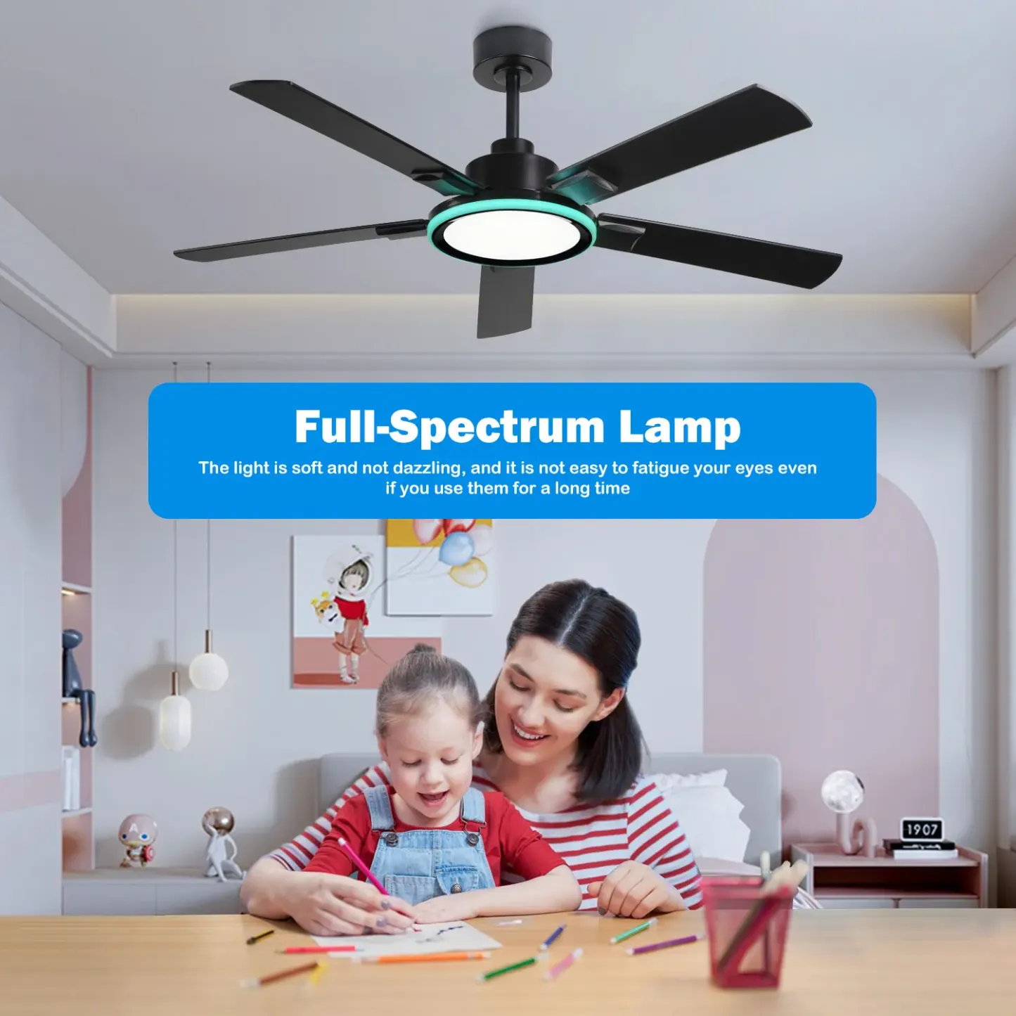 Ventilador de Techo de 52" con Luz, Iluminación Ambiental Multifuncional, Altavoz Bluetooth RGB Integrado, Motor Reversible de 6 Velocidades, Iluminación de Espectro Completo y Soluciones Inteligentes de Iluminación