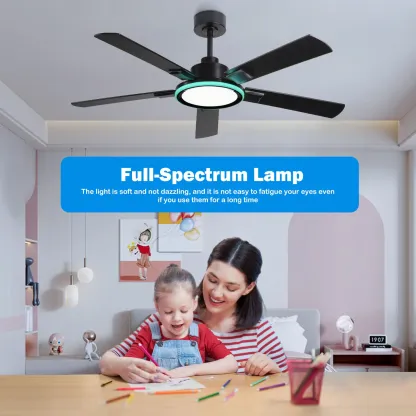 Ventilador de Techo de 52" con Luz, Iluminación Ambiental Multifuncional, Altavoz Bluetooth RGB Integrado, Motor Reversible de 6 Velocidades, Iluminación de Espectro Completo y Soluciones Inteligentes de Iluminación