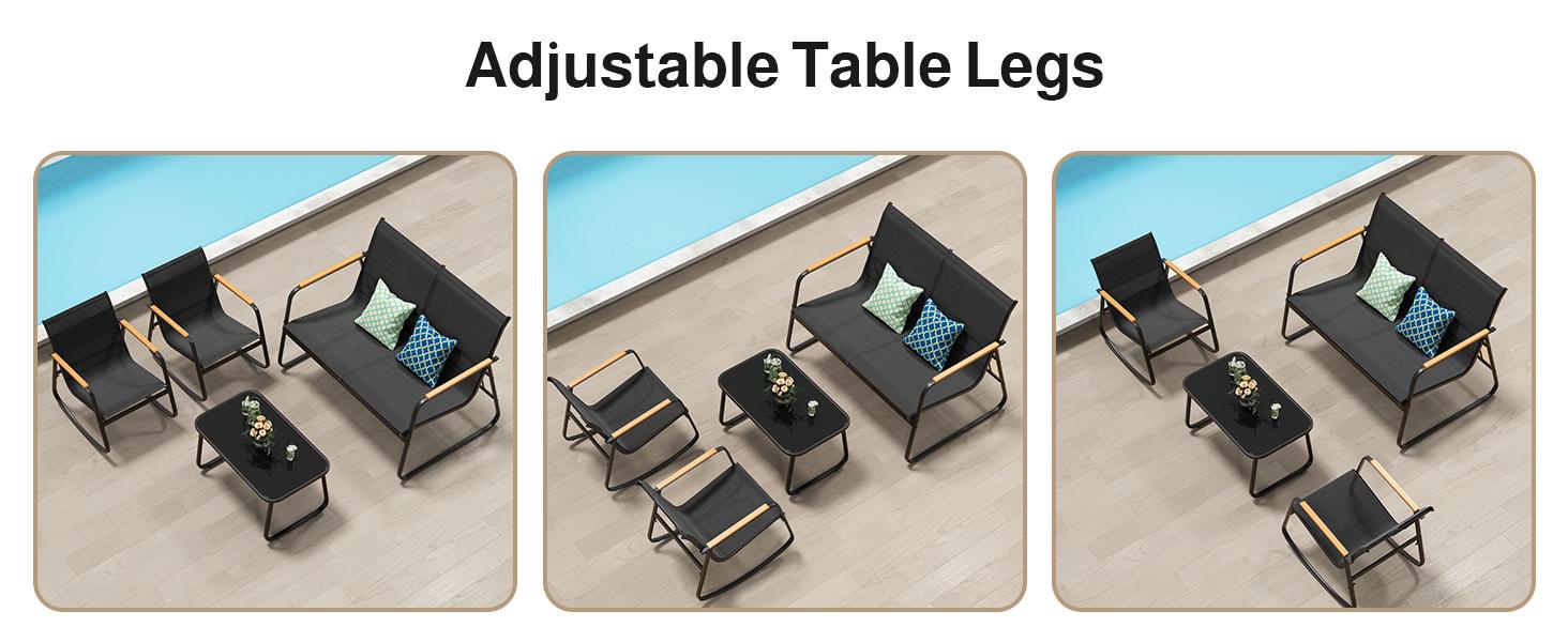 GIZOON 4-Piece Modern Patio Furniture Set, Sturdy Textilene Conversation Set (Black) - Weather-Resistant, Stable with Wooden Armrests, 2 Rocking Chairs, Coffee Table for Outdoor Patio, Balcony