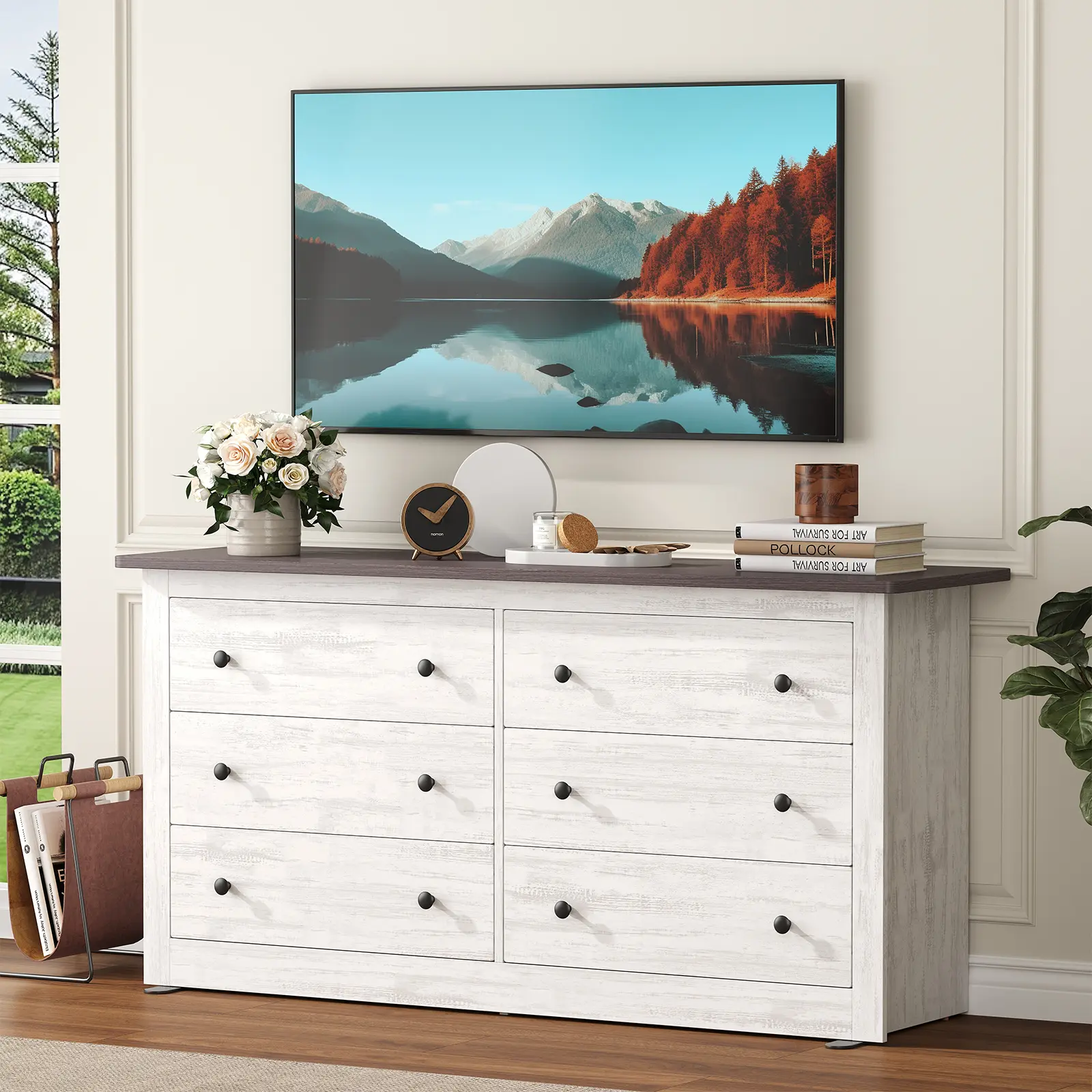 Cómoda de madera de 59 pulgadas con 6 cajones; mueble de almacenamiento estilo vintage para dormitorio y sala de estar.