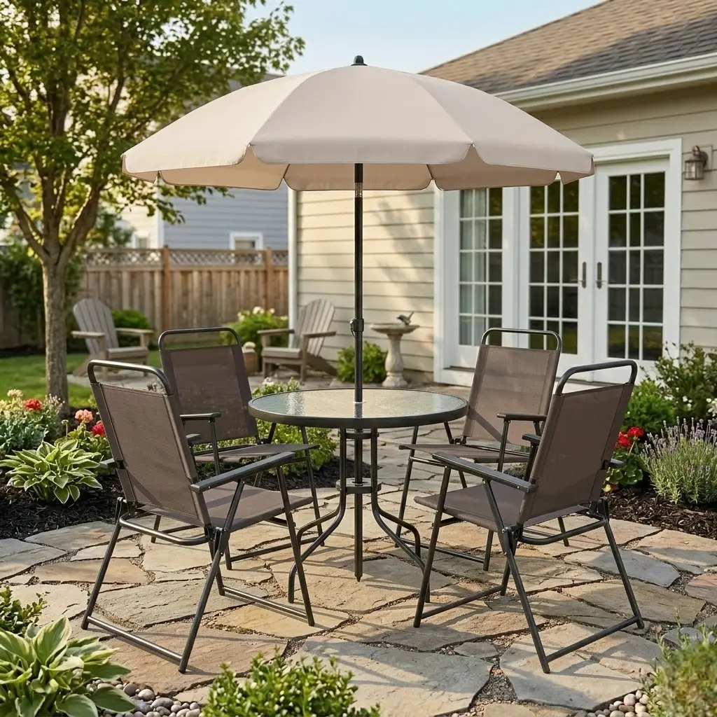Juego de comedor para patio de 6 piezas para 4 personas con sombrilla, mesa y sillas de exterior (incluye 4 sillas plegables y mesa redonda de vidrio) para jardín, patio trasero y zona de piscina.