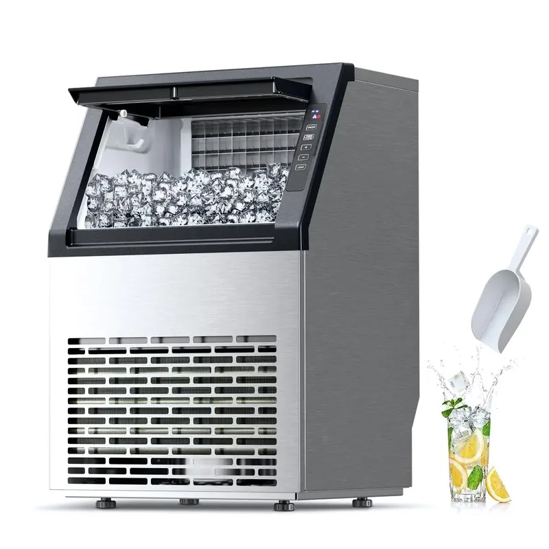 Máquina de hielo comercial Kismile — Modelo 2026 mejorado — Producción de 66, 80 o 100 libras en 24 horas — Fabricadora de hielo de acero inoxidable con capacidad de almacenamiento de 33 libras — Modelo independiente con función de autolimpieza, ideal par