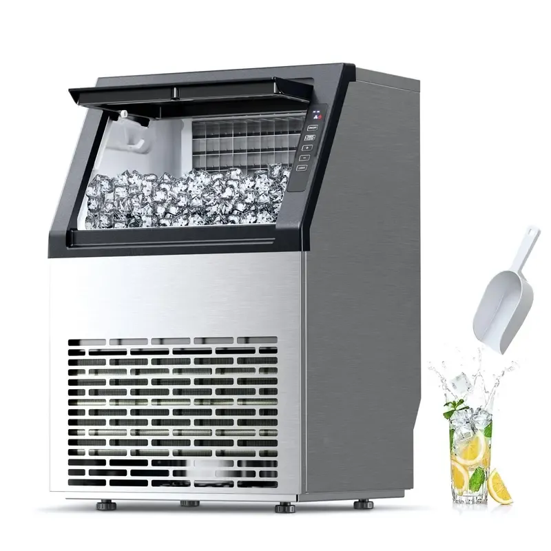 Máquina de hielo comercial Kismile — Modelo 2026 mejorado — Producción de 66, 80 o 100 libras en 24 horas — Fabricadora de hielo de acero inoxidable con capacidad de almacenamiento de 33 libras — Modelo independiente con función de autolimpieza, ideal par