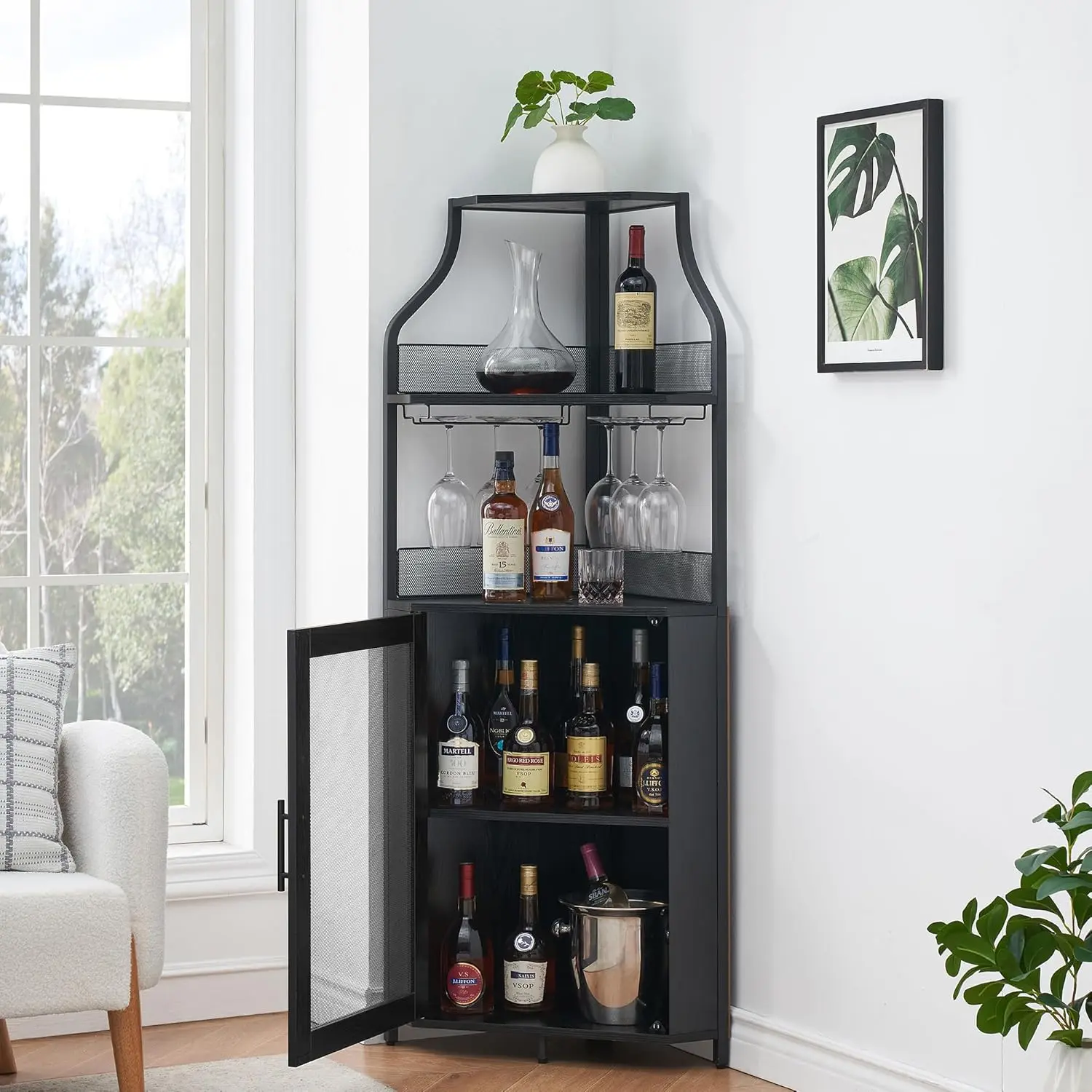 Mueble esquinero para vinos con estante extraíble y puerta estilo granero de 5 niveles