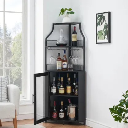 Mueble esquinero para vinos con estante extraíble y puerta estilo granero de 5 niveles