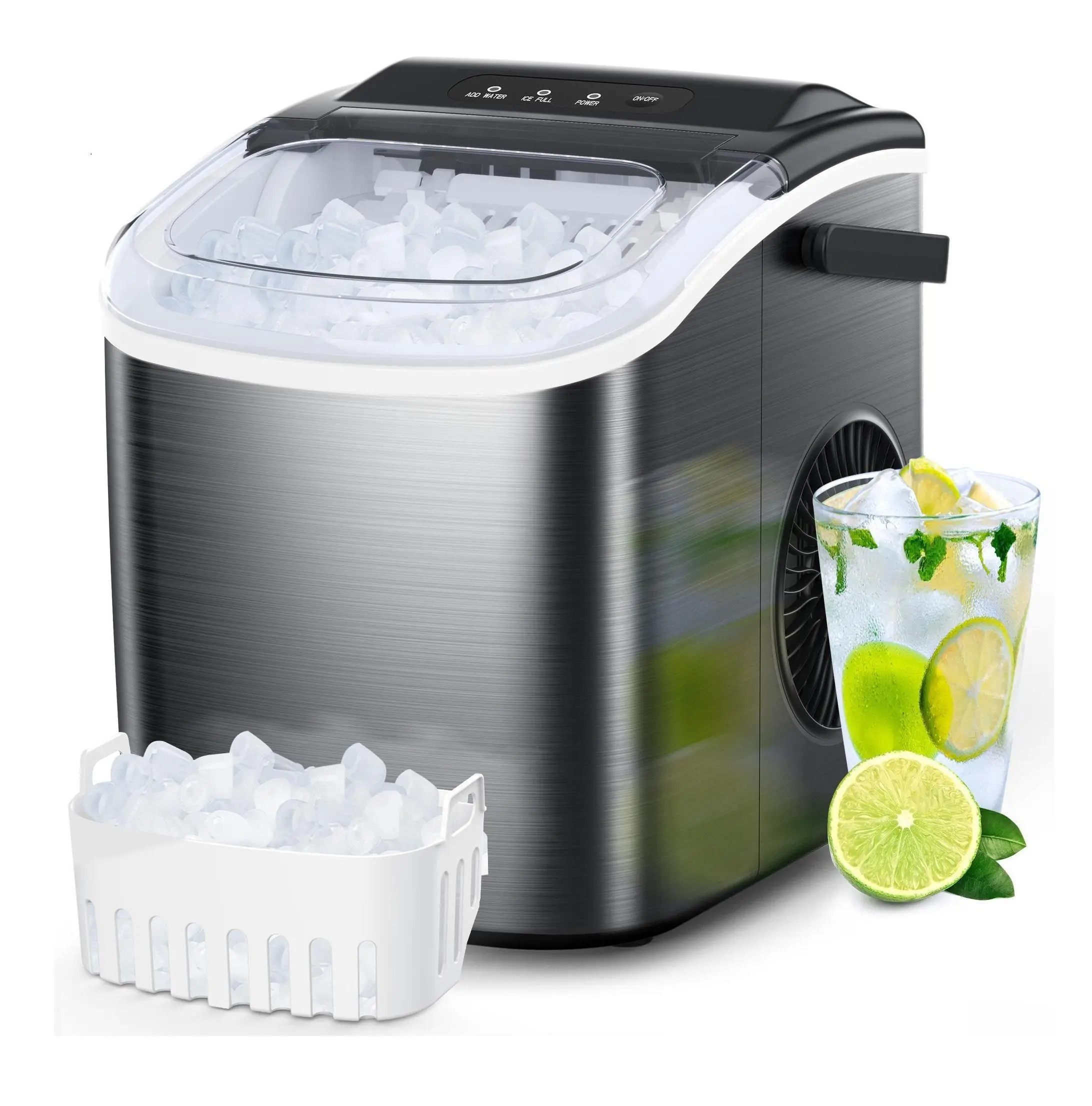 Máquina de Hielo Portátil para Encimera, Autolimpieza, Produce 26,5 lb de Hielo en 24 Horas, 9 Cubos en 6 Minutos, Disponible en Acero Inoxidable o ABS, Ideal para Hogar, Oficina y Fiestas
