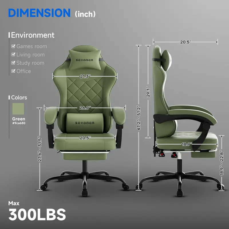 Silla Gaming Ergonómica Reclinable con Reposapiés, Cuero Transpirable, Soporte para Espalda, Asiento Amplio Acolchado, Capacidad de 300 lb, Ideal para Oficina, Gaming y Streaming
