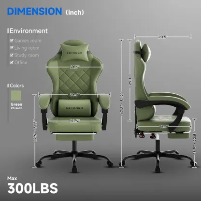 Silla Gaming Ergonómica Reclinable con Reposapiés, Cuero Transpirable, Soporte para Espalda, Asiento Amplio Acolchado, Capacidad de 300 lb, Ideal para Oficina, Gaming y Streaming