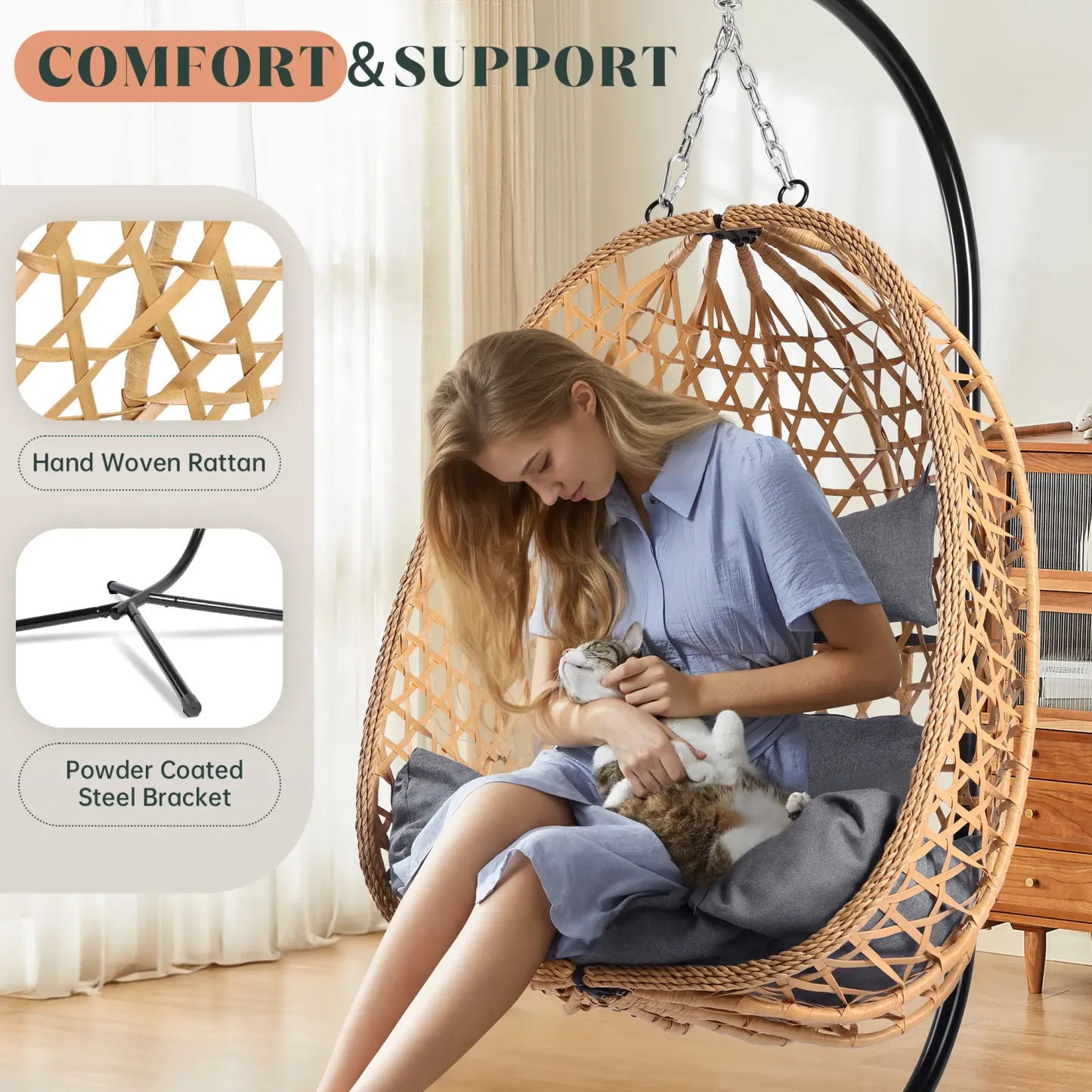 Silla Colgante Tipo Huevo de Ratán para Interior y Exterior, Soporta hasta 350 lb, con Cojín Cómodo para Patio, Jardín y Balcón