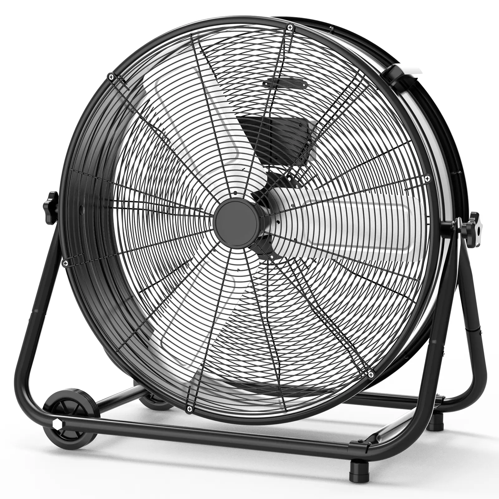 Ventilador de tambor industrial de alta velocidad y 24 pulgadas, con estructura totalmente metálica de alta resistencia, 3 velocidades y diseño inclinable 360°. Cuenta con asa de transporte y ruedas para facilitar su desplazamiento; es un potente ventilad