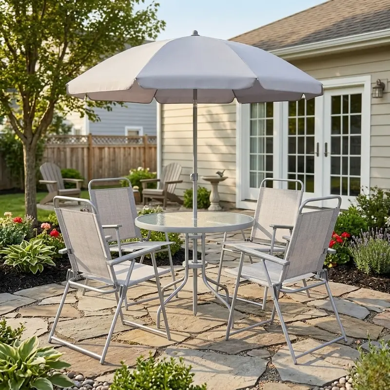 Juego de comedor para patio de 6 piezas para 4 personas con sombrilla, mesa y sillas de exterior (incluye 4 sillas plegables y mesa redonda de vidrio) para jardín, patio trasero y zona de piscina.