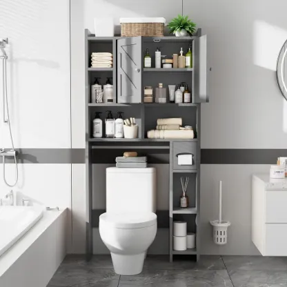 Armario de almacenamiento para colocar sobre el inodoro, estilo granja con 2 puertas tipo granero y soporte para papel higiénico, estantería para baño y organizador de muebles para lavandería.
