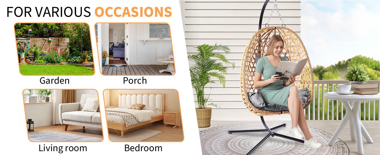 RIWENGO Hanging Egg Chair with Stand &ndash; Handwoven Rattan Patio Swing with Cushion, 350lb Capacity &ndash; Indoor/Outdoor Chic for Patio, Garden & Poolside