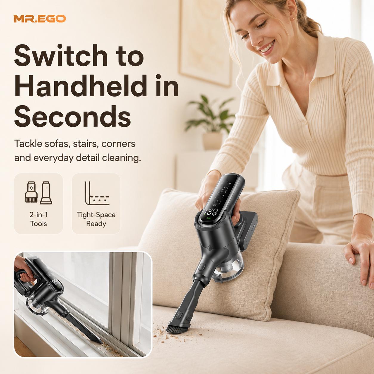 MR.EGO Cordless Vacuum Cleaner, Stick Vacuum Cordless Rechargeable with Powerful Suction for Home, 50 Min Run, Anti-Tangle and Self-Stand, 6 in 1 Lightweight Vacuum for Hard Floors Carpet Pet Hair,dorm essentials,home essentials