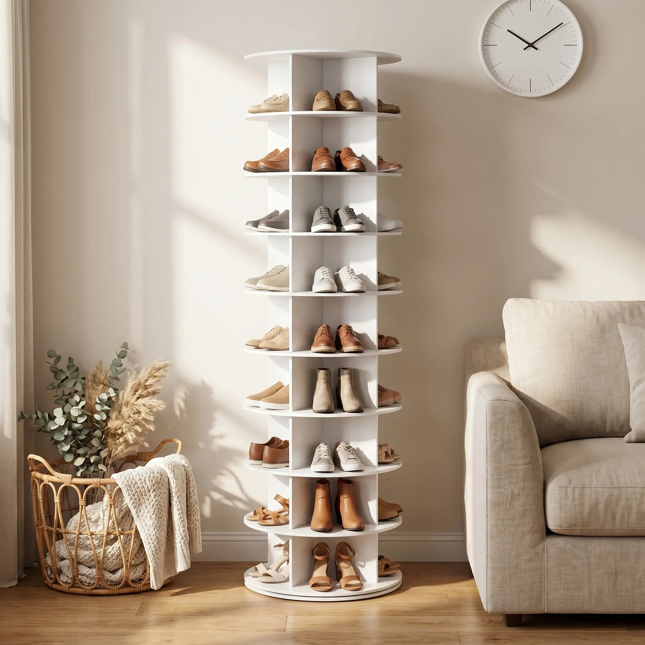 Torre zapatera giratoria con sistema tipo "Lazy Susan", expositor de zapatos y bolsos con rotación de 360 ​​grados, carrusel vertical para organización de armarios.