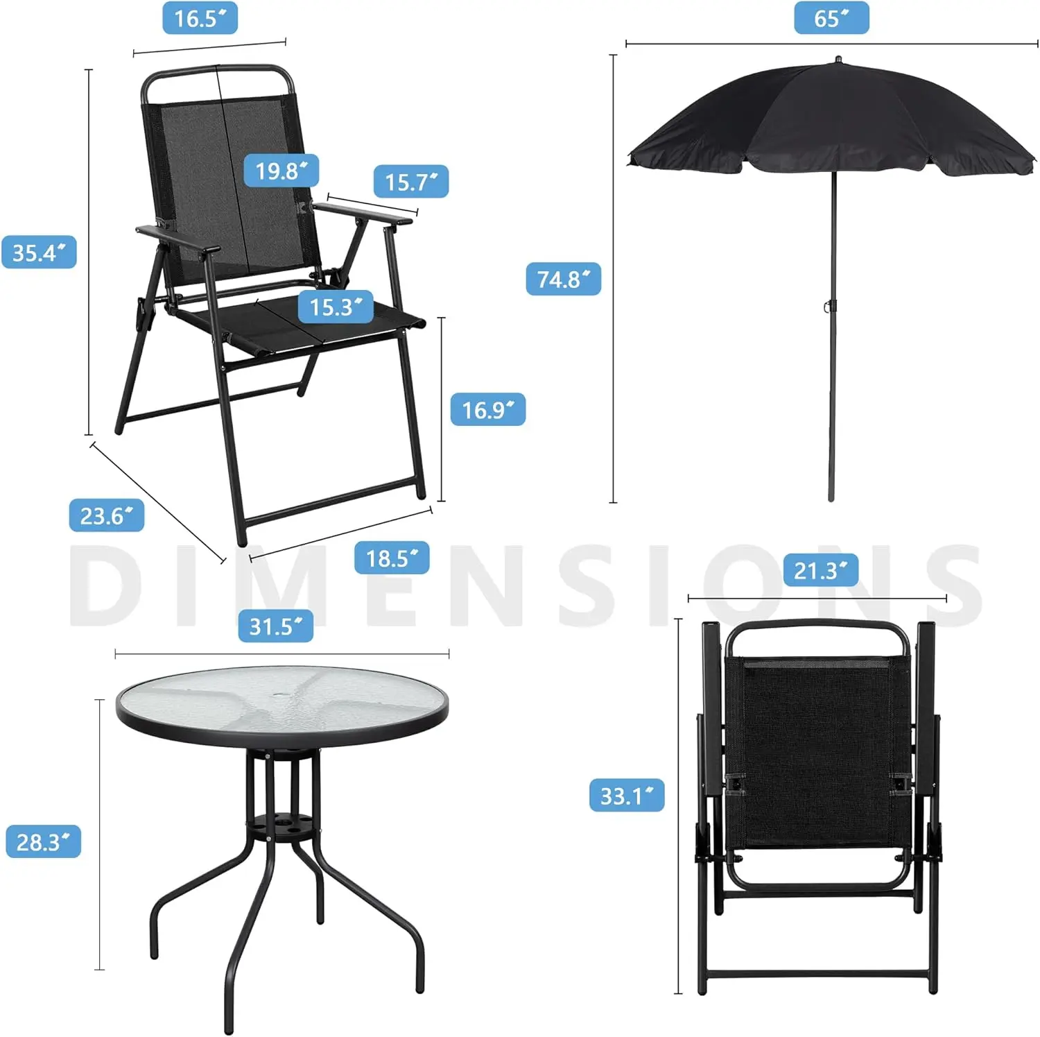 Juego de comedor para patio de 6 piezas para 4 personas con sombrilla, mesa y sillas de exterior (incluye 4 sillas plegables y mesa redonda de vidrio) para jardín, patio trasero y zona de piscina.
