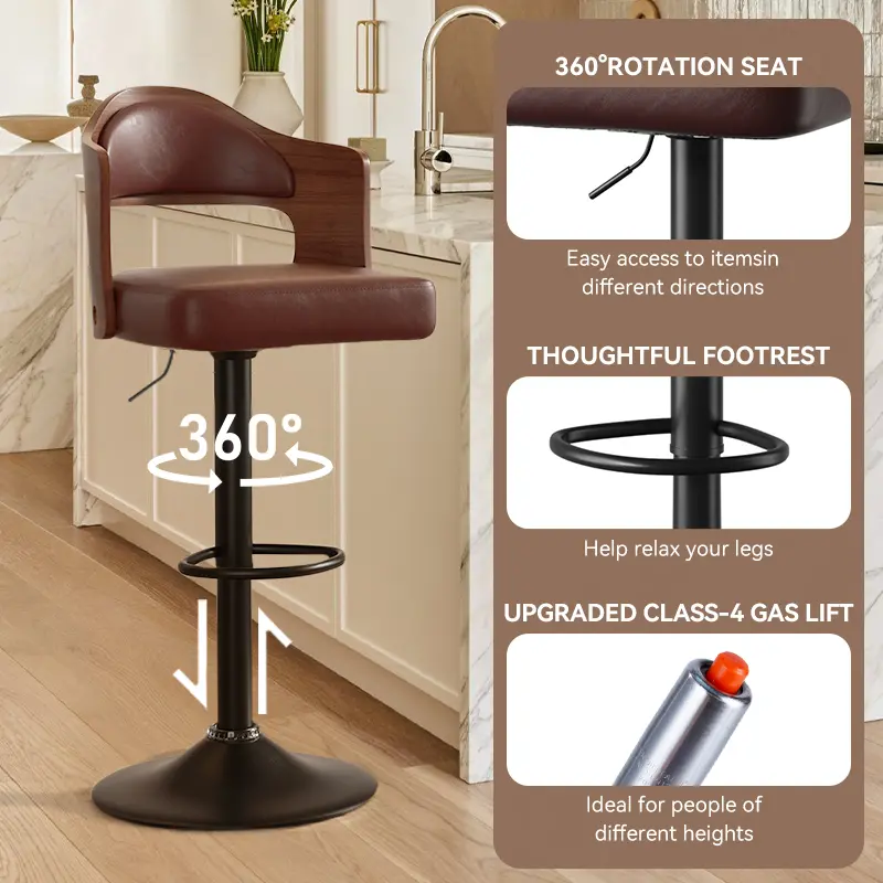 Juego de 1 o 2 taburetes de bar giratorios con altura ajustable (24,5-33,5 pulgadas); taburetes de madera tapizados en piel sintética, con respaldo y reposapiés, ideales para bar, cocina o comedor.