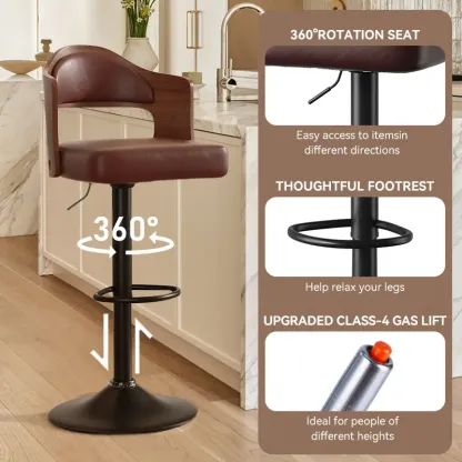 Juego de 1 o 2 taburetes de bar giratorios con altura ajustable (24,5-33,5 pulgadas); taburetes de madera tapizados en piel sintética, con respaldo y reposapiés, ideales para bar, cocina o comedor.