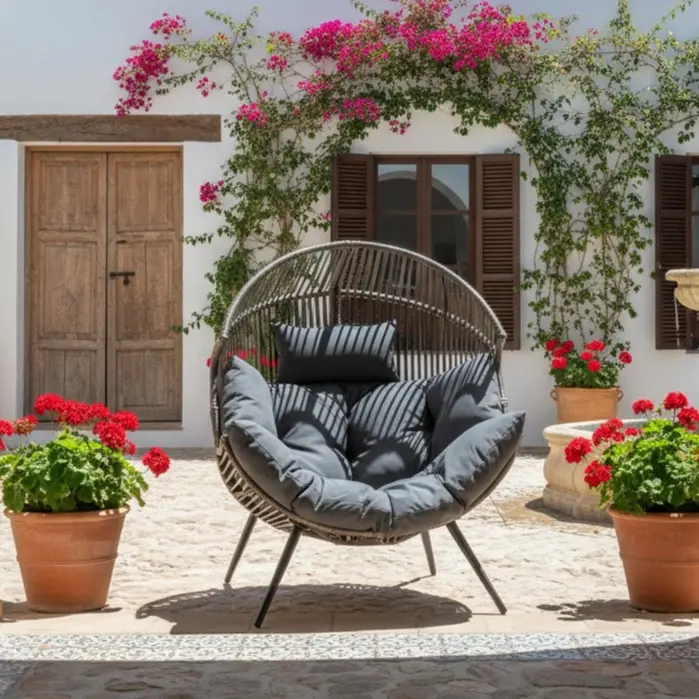 Sillón mecedora de mimbre para interiores y exteriores; silla tipo huevo de gran tamaño con cojín y capacidad de carga de 450 libras; ideal para dormitorio, balcón o jardín.