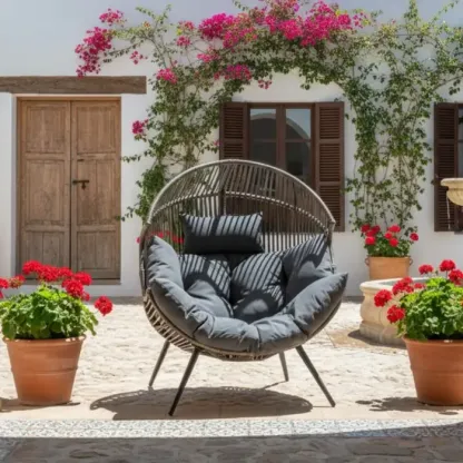 Sillón mecedora de mimbre para interiores y exteriores; silla tipo huevo de gran tamaño con cojín y capacidad de carga de 450 libras; ideal para dormitorio, balcón o jardín.