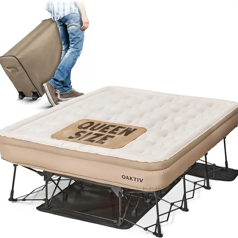 Colchón inflable tamaño Queen: capacidad de 660 libras, garantía de 5 años, autoinflable en 3-4 minutos, bomba a batería y estructura integradas, estuche con ruedas; la solución definitiva para habitaciones de invitados y acampadas.
