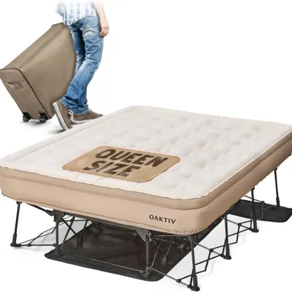 Colchón inflable tamaño Queen: capacidad de 660 libras, garantía de 5 años, autoinflable en 3-4 minutos, bomba a batería y estructura integradas, estuche con ruedas; la solución definitiva para habitaciones de invitados y acampadas.