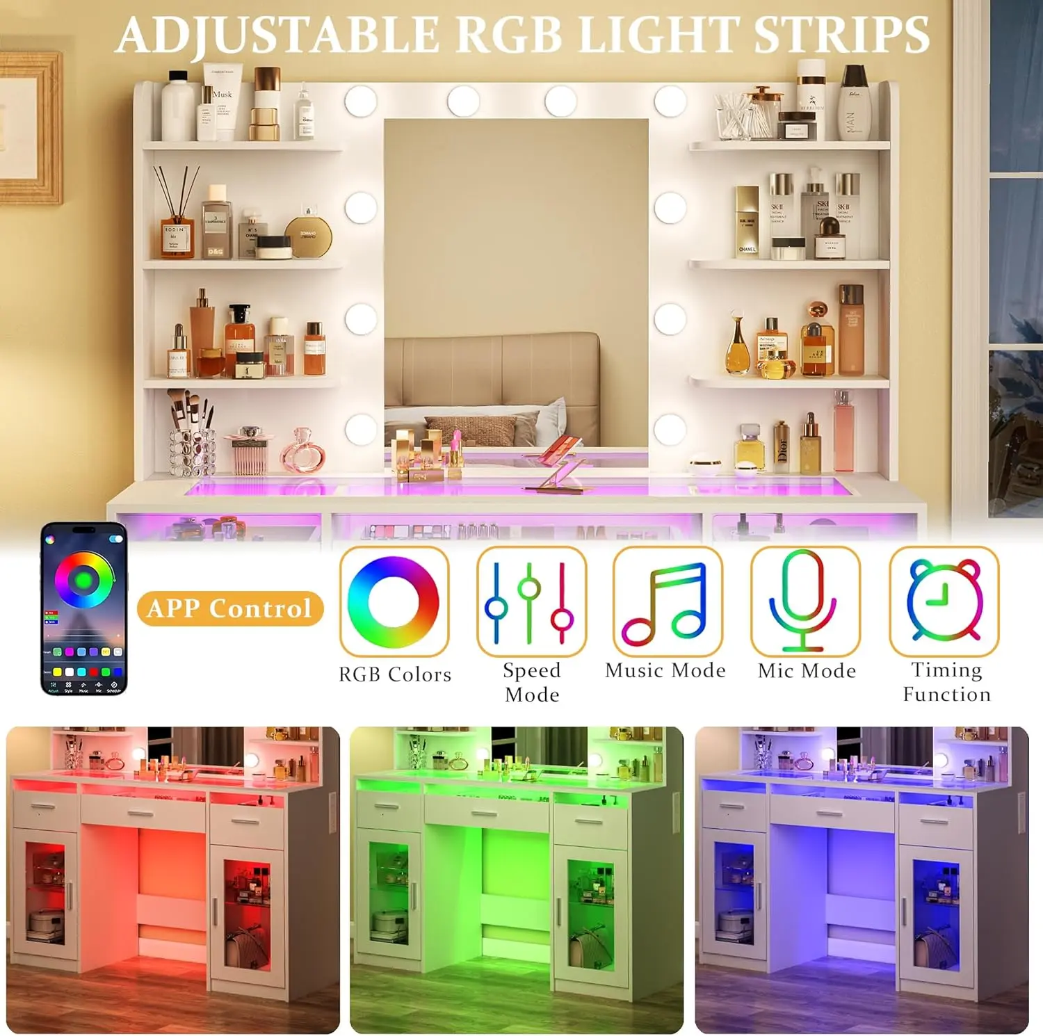 Tocador de maquillaje con espejo y luces de 3 colores, superficie transparente con 3 cajones RGB, 6 estantes, 2 armarios grandes de vidrio templado y toma de corriente; ideal para el dormitorio.