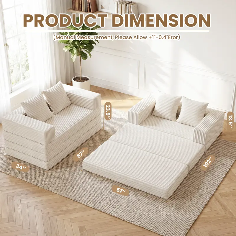 Sofá cama plegable convertible 5 en 1 (tamaño Queen) con colchón de tres pliegues y reposabrazos; sofá futón de suelo sin estructura para sala de estar, dormitorio o apartamento.