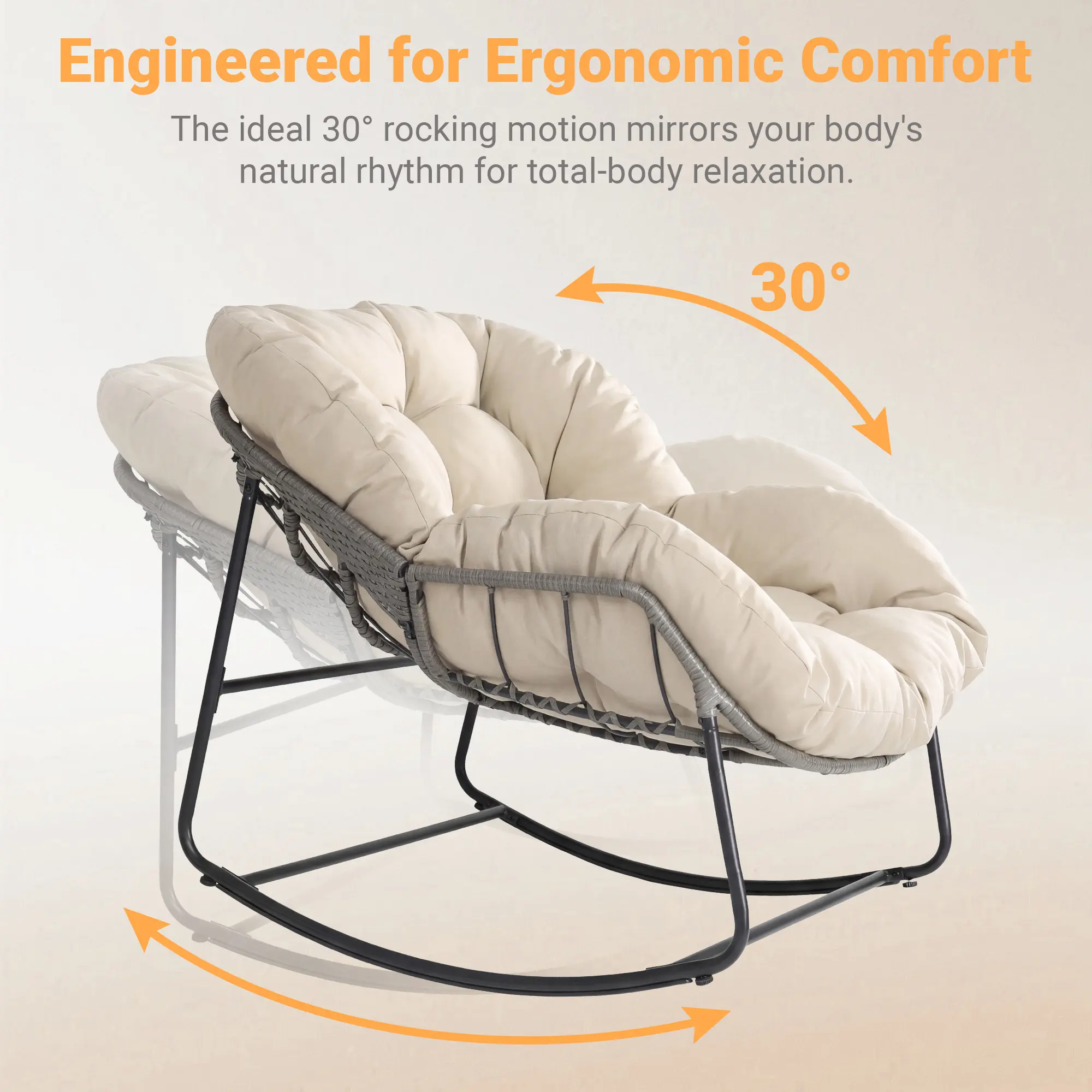 Silla Mecedora Tipo Huevo Extra Grande con Respaldo Ajustable, Cojín Grueso, Soporta hasta 450 lb, Ideal para Patio, Balcón, Jardín y Sala de Estar