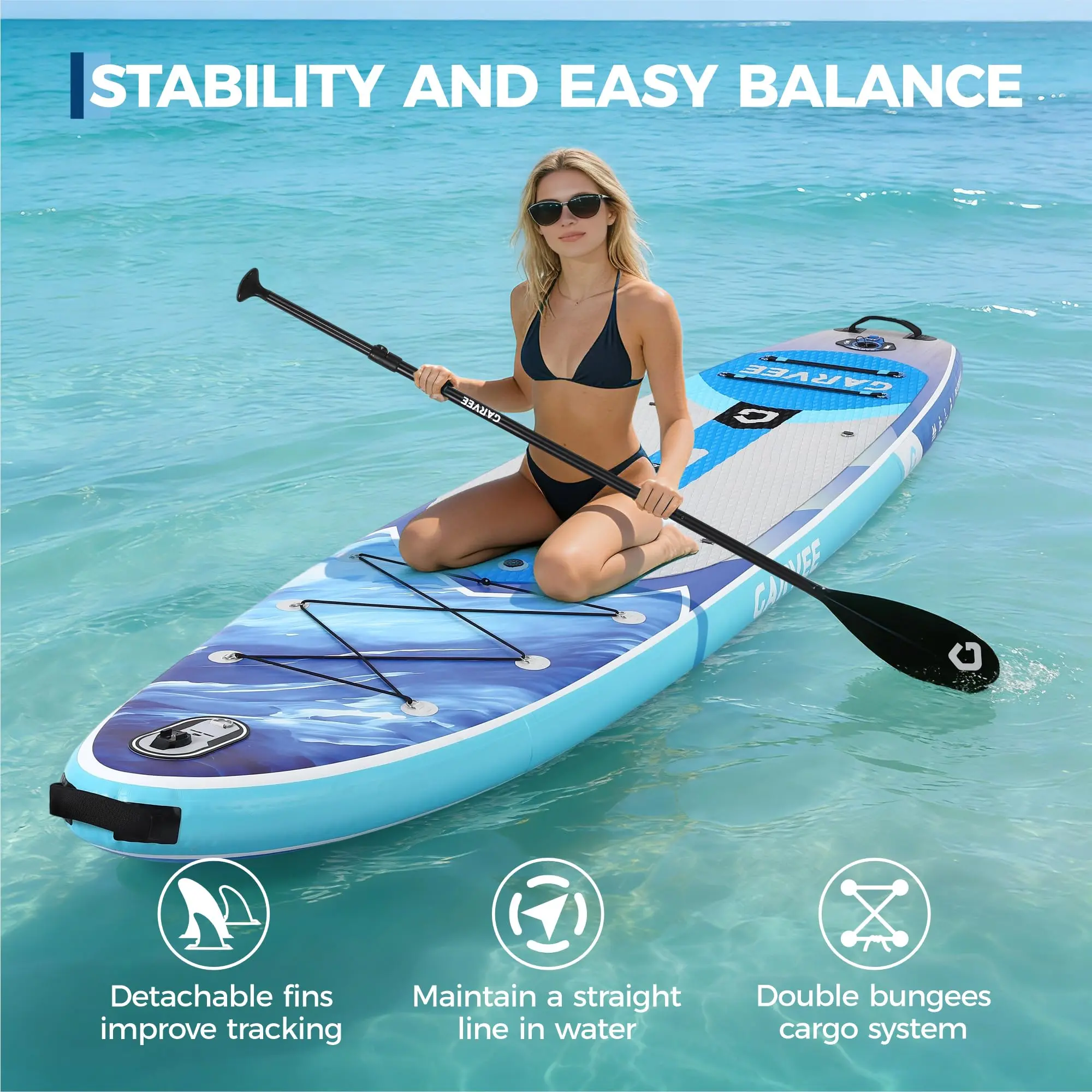 Tabla de paddle surf inflable extra ancha - 10'6" x 32" x 6" - Superficie estable y antideslizante - Capacidad de 450 libras - Accesorios de lujo: mochila, remo, bomba de aire y soporte para cámara - Ideal para yoga, pesca, surf y principiantes