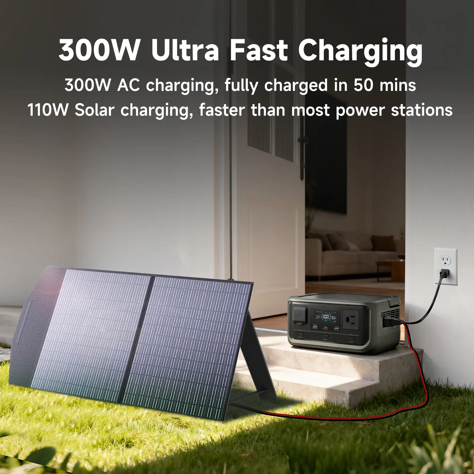 Estación de energía portátil P300 (256 Wh, salida de CA de 300 W), batería LiFePO4, carga rápida en 1 hora; ideal para acampadas, vida en autocaravana y respaldo de energía en el hogar.