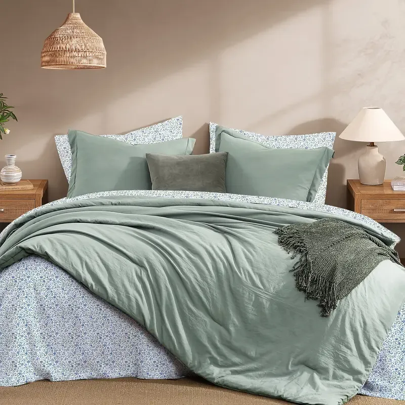 Juego de Cama de Microfibra de 7 Piezas, Edredón con Bolsillos de Doble Cara, Incluye Edredón, Sábana Plana, Sábana Ajustable y Fundas de Almohada, Estilo Moderno