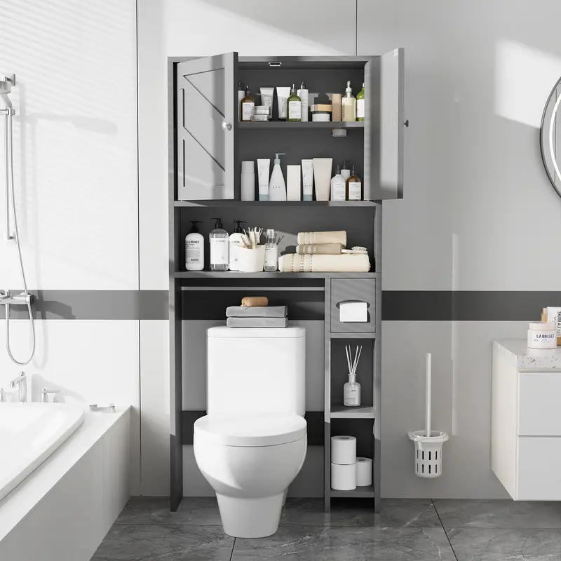 Armario de almacenamiento para colocar sobre el inodoro, estilo granja con 2 puertas tipo granero y soporte para papel higiénico, estantería para baño y organizador de muebles para lavandería.