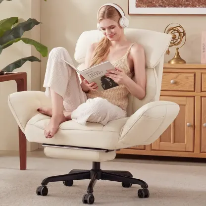 Silla de Oficina Ergonómica con Reposabrazos Abatibles, Asiento con Resortes Ensacados, Reclinable con Reposapiés y Base Metálica, Ideal para Oficina y Gaming