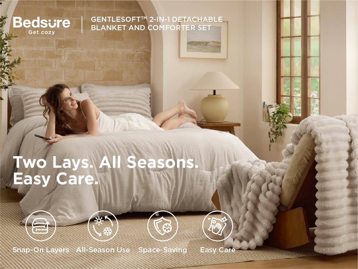 【Summer Sale Deals】Bedsure 6 Pieces Gentlesoft 2-in-1 Comforter Set and Detachable Fluffy Blanket,  All Season , SnapTech Design for Space Saving