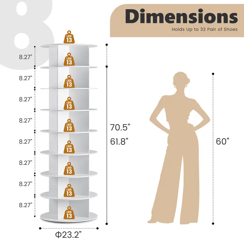 Torre zapatera giratoria con sistema tipo "Lazy Susan", expositor de zapatos y bolsos con rotación de 360 ​​grados, carrusel vertical para organización de armarios.