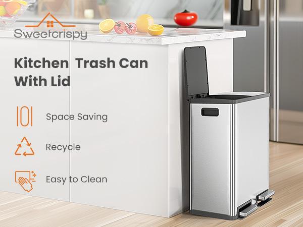 Sweetcrispy 16-Gal Stainless Steel Kitchen Trash Can - Dual Compartment, Fingerprint-Proof, Waterproof, Pedal Opener Lid, Stainless Steel Bins for Home & Office, Trash Cans For Kitchen, Foot Pedal