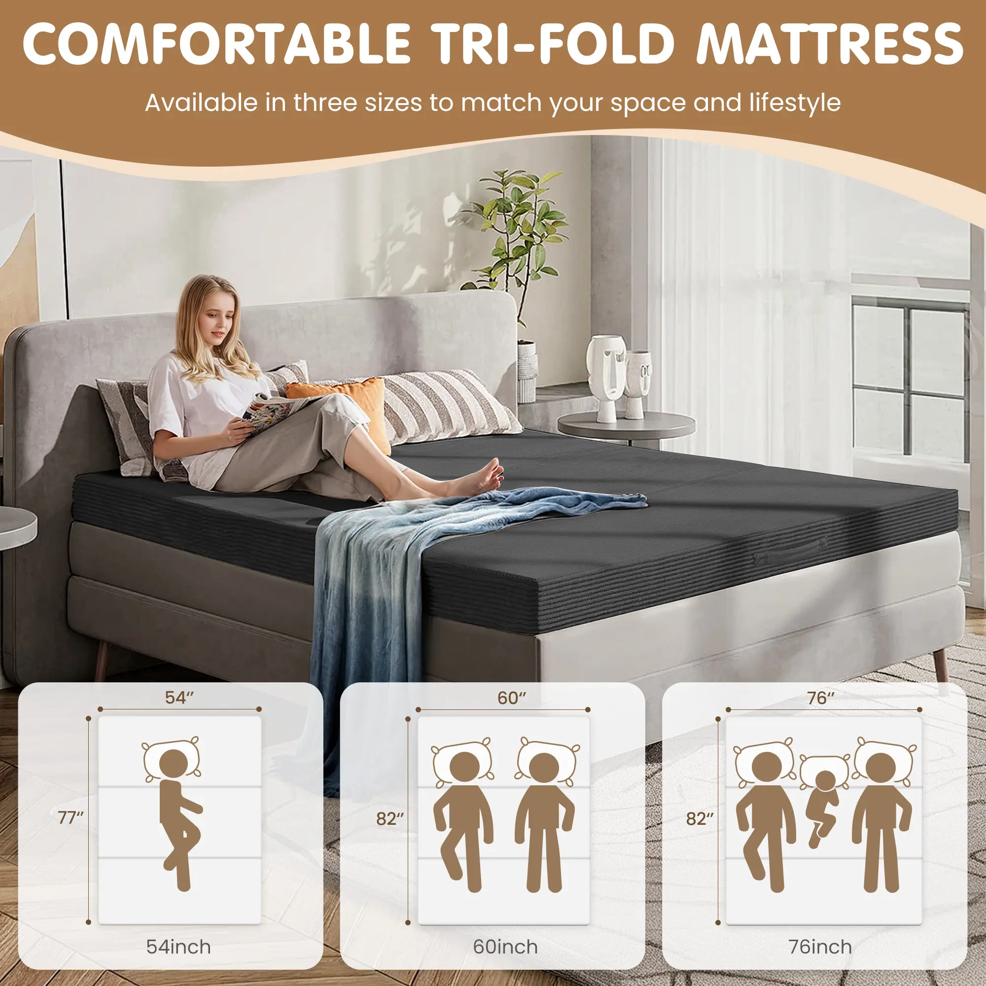 Sofá cama plegable convertible 5 en 1 (tamaño Queen) con colchón de tres pliegues y reposabrazos; sofá futón de suelo sin estructura para sala de estar, dormitorio o apartamento.