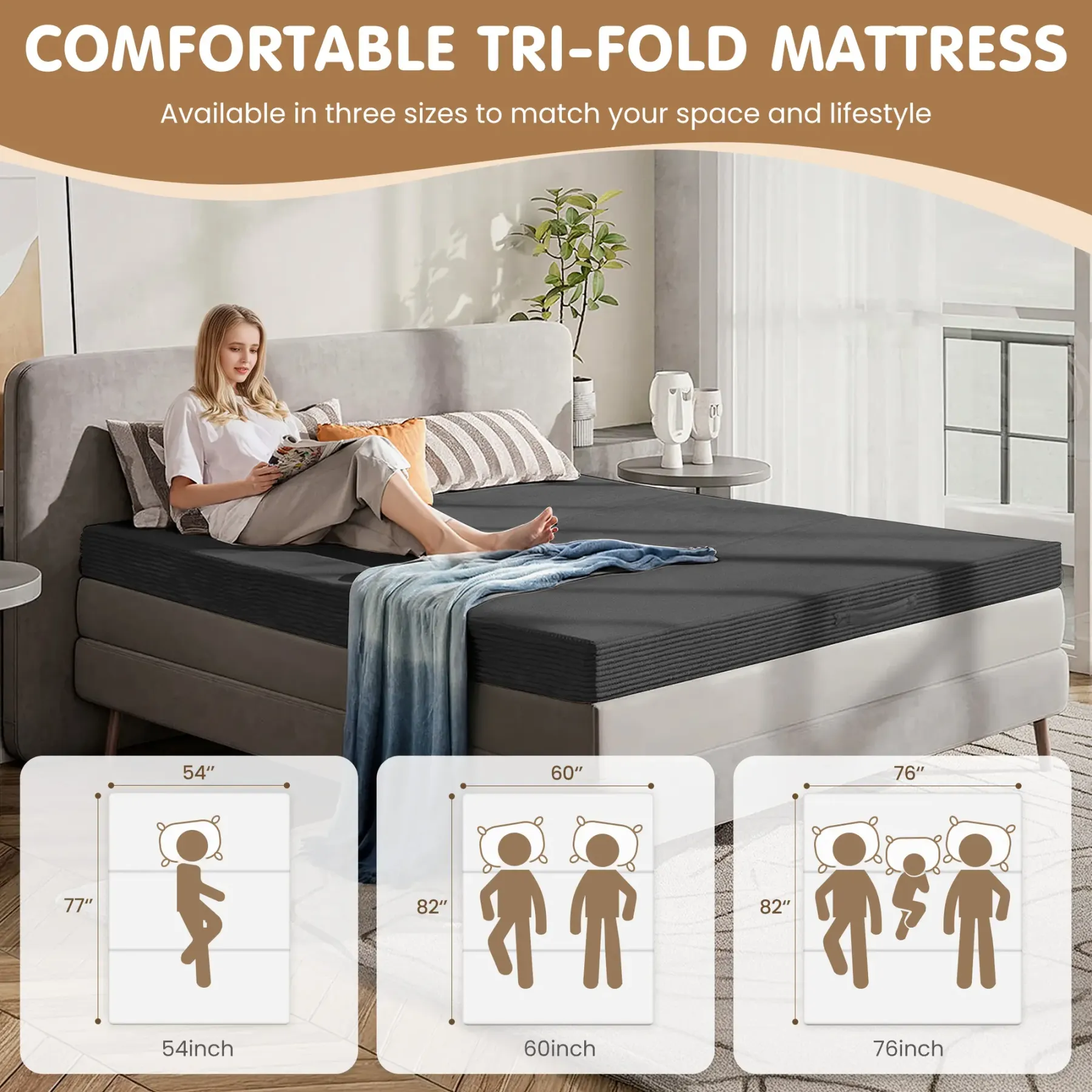 Sofá cama plegable convertible 5 en 1 (tamaño Queen) con colchón de tres pliegues y reposabrazos; sofá futón de suelo sin estructura para sala de estar, dormitorio o apartamento.