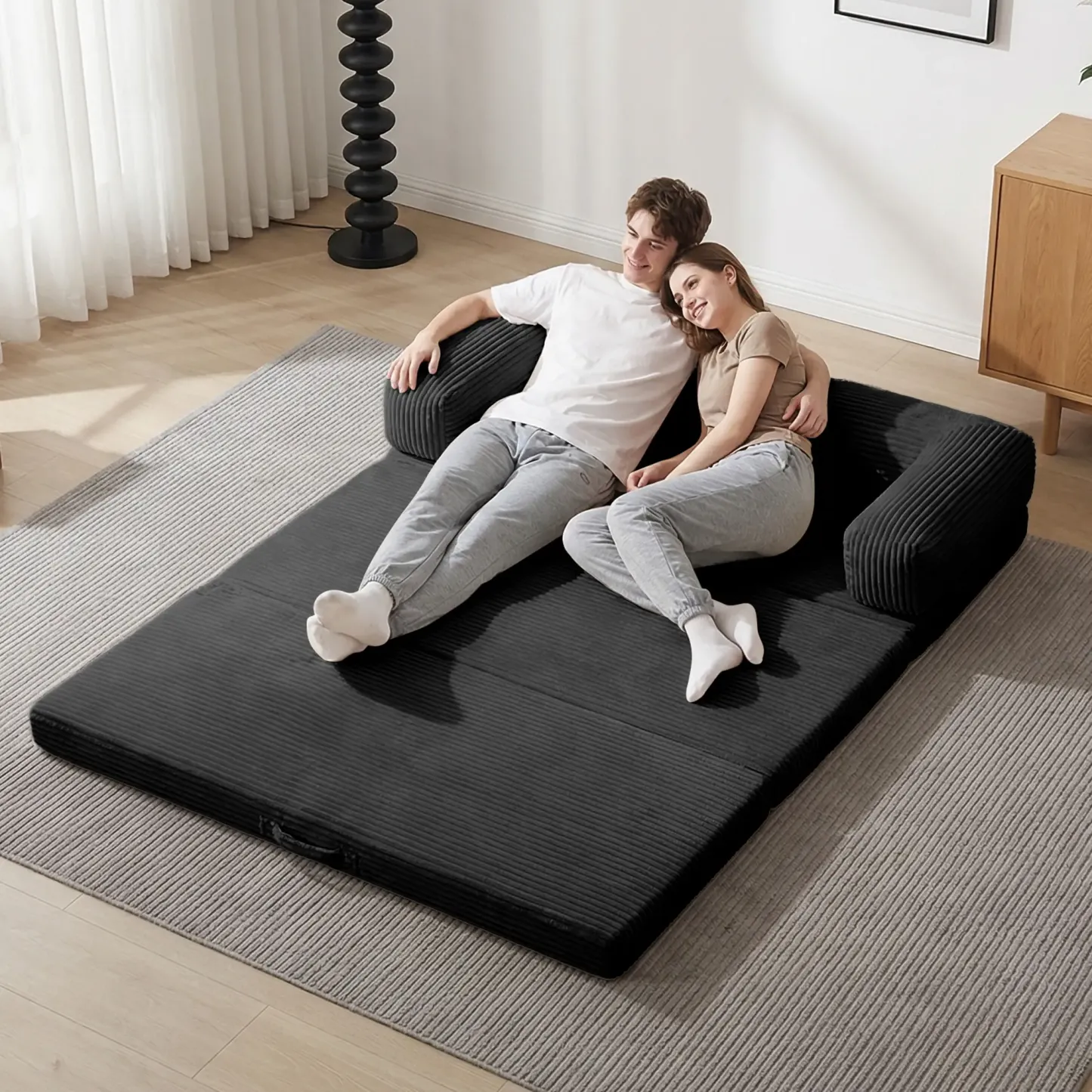 Sofá cama plegable convertible 5 en 1 (tamaño Queen) con colchón de tres pliegues y reposabrazos; sofá futón de suelo sin estructura para sala de estar, dormitorio o apartamento.